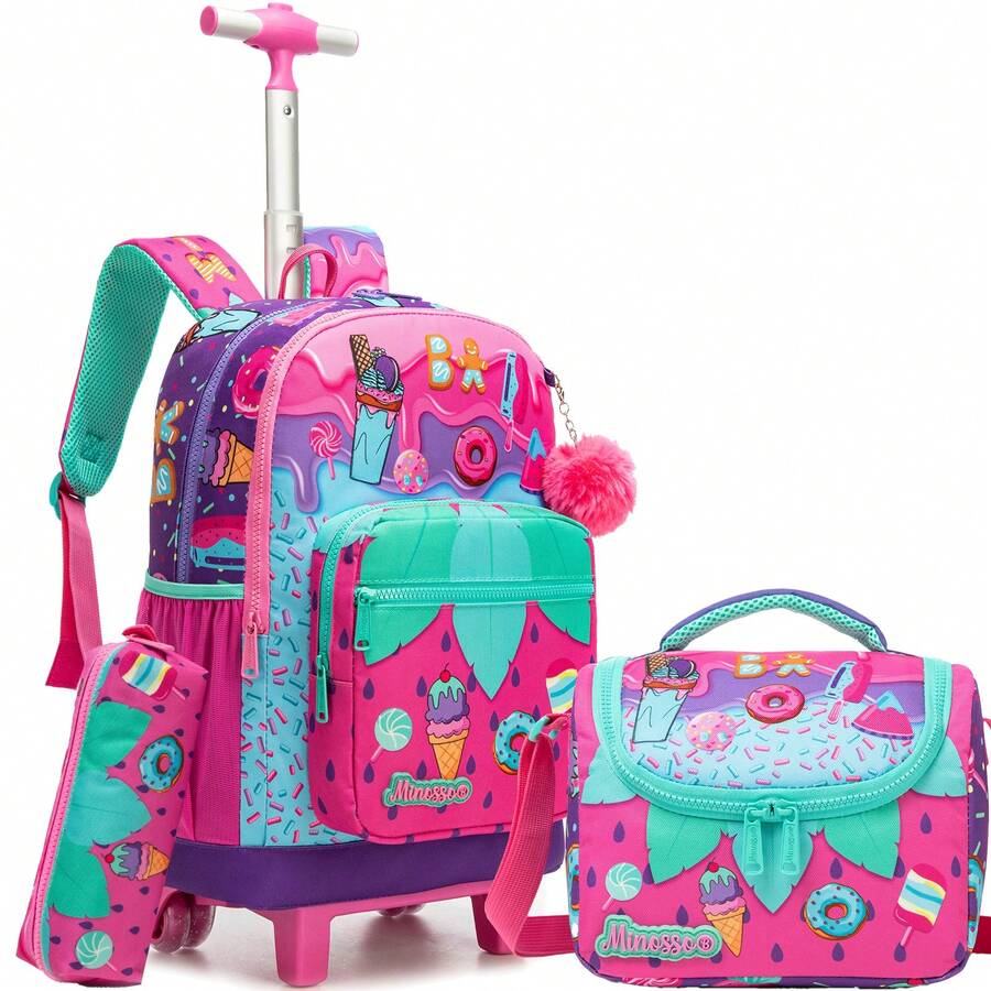 Girls' Rolling Backpack With Wheels, Suitable For Elementary School Students, Includes Lunch Box And Pencil Case, Fits Ages 6-8