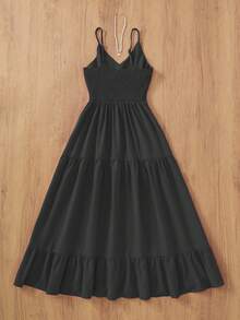 Solid Color Elegant Casual Loose Backless A-Line Dress, Suitable For Party, Formal Occasion, Wedding, Spring/Summer Black - Black - View 2