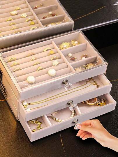 1pc/7-Tier/5-Tier/3-Tier/1-Tier Velvet Jewelry Box, Drawer Style Jewelry Box Organizer For Rings, Earrings, Necklaces, Bracelets, Pendants, Elegant Jewelry Storage Box For Any Occasion And Home Decor, Makeup Room Decor,Room Decor