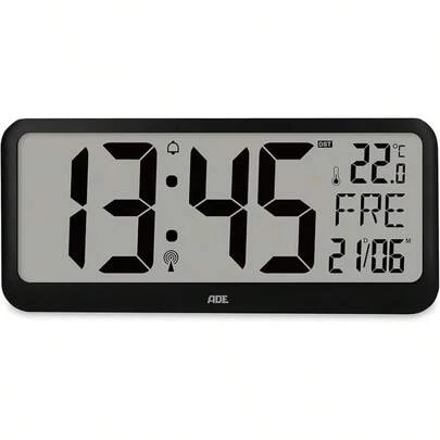ADE Sehr große Digitale Wanduhr mit XXL-Ziffern| Funkuhr mit Kalender| perfekt für Büro, Großraum, Werkstatt, Senioren| Thermometer und Alarm| Tischuhr schwarz