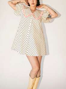Women's Polka Dot Dress Ruffled Collar Short Puff Sleeve Button Front A-Line Mini Dress For Retro Casual Outfits - 杏色 - 查看 2