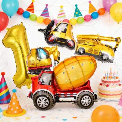 5pcs Construction Vehicle Theme Balloons For 1-9 Years Old Birthday, Including Cement Truck, Forklift, Excavator, Crane, 32-Inch Gold Number, Suitable For Birthday Party Decoration, Indoor Decoration, Anniversary Decoration, Baby Shower Decoration, Photography Props, Surprise Gift For Son Or Daughter