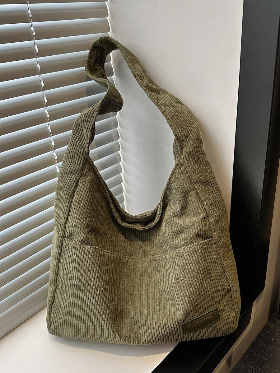 Nueva bolsa de hombro de pana de unicolor y versátil, bolso baguette minimalista casual, bolso cubo grande - Verde - Ver 1
