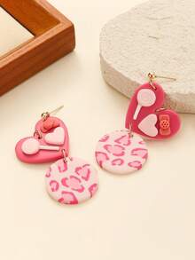 1 Pair Polymer Clay Teardrop Earrings With 3D Heart, Donut Texture, Leopard Strawberry Striped Design, Suitable For Teenage Girls Wear On Weekends, Parties, Travel, And Cute Style Lovers - Sweetheart Clay Earrings In Multiple Colors - View 14