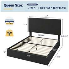 Allewie Full/Queen/King Bed Frame, Upholstered Platform Bed, Adjustable Vertical Channel Tufted Headboard, Corduroy Fabric, Modern Low Profile, Wooden Slats, No Box Spring Needed, Easy Assembly, Black - 黑色 - 查看 9
