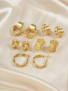 5 Pairs Vintage Twisted Rope, Minimalist Asymmetrical Metal Crinkle Geometric Niche Design French Delicate Hollow Stereo Chic Earrings Set, Suitable For Women's Daily And Festival Wear - Gold - View 9