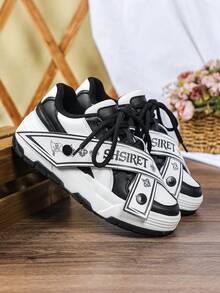 2026 Spring/Autumn Unisex Casual Fashion Sneakers, Personalized Printed Detachable Decor Strap Youth Athletic Shoes, Round Toe Low-Top Lace-Up Comfortable Sports Shoes, Cool Streetwear Style Loafers - Black and White - View 7