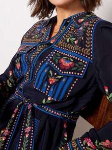 1Pcs Women Floral Elegant  Boho Button Belted Vintage Floral Lace-Up Long Sleeve Mid-Length Shirt Dress,Vintage Retro Causal Daily Midi Dress, Spring/ Summer Clothing - 藏蓝色 - 查看 5