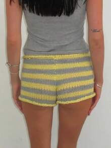 Women Fold Over Micro Shorts Y2k Striped Elastic Waist Low Rise Knit Sleep Mini Shorts Ribbed Comfy Going Out Bottoms - Yellow - View 3