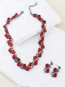 Bộ trang sức 3 món sang trọng dành cho nữ, đính pha lê đỏ, gồm dây chuyền và bông tai, mạ vàng, thích hợp cho tiệc tùng, đám cưới, làm quà tặng cho bạn gái, mẹ. - Xem 6