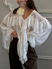 女士休闲性感薄纱雪纺衬衫，V领开衫长袖荷叶边雪纺宽松上衣，纯色雪纺前开襟纽扣薄纱荷叶边性感沙滩度假休闲办公夏季白色春季 - 白色 - 查看 5