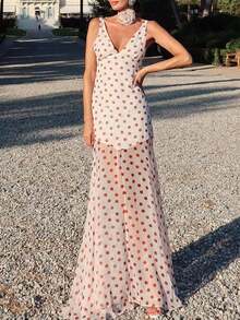 New Elegant Polka Dot Bohemian V-Neck Maxi A-Line Dress With Cinching Waist, Ruffle Trim Shawl Collar, Suitable For Vacation White Summer - White - View 5