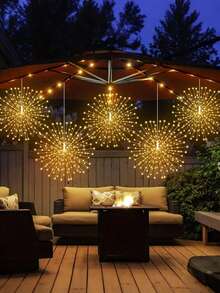 1pc Hanging Outdoor Firework Lights, LED Starburst Ball Lights, Smoke Lantern With Remote Control Timer, 8 Adjustable Modes, Hanging Fairy Lights For Patio, Umbrella, Eaves, Garden, Tree, Tent, Christmas Decor, Event Decor, Festival Lighting, Dreamlike Design, Star Lights (Batteries Not Included) - Warm White - View 2