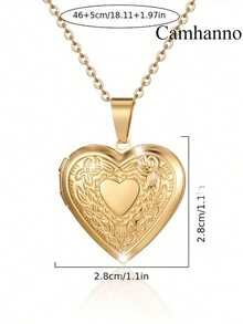 Camhanno 1件复古优雅不锈钢爱心相框项链，金色奢华百搭爱心吊坠，日常佩戴，节日礼物，生日礼物 - 彩色 - 查看 8