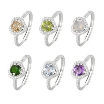 Modern minimalistisk S925 silverring - naturlig ametist/peridot/fluorit födelsesten, justerbar hjärtformad bohemisk stil smycke present till älskare