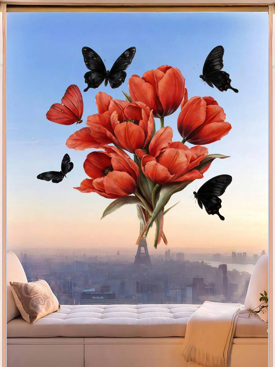 1pc Butterfly & Floral Window Decal, Soft & Elegant Design, Suitable For Glass Windows, Great For Bedroom, Kitchen And Studio Windows, Ideal Gift For Those Who Appreciate Aesthetics And Seasonal Home Decor - Fine - View 1