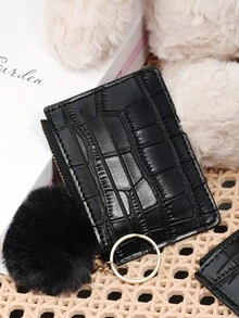 Adorned With A Delicate Pom Pom,Black Stone Pattern Alligator Print PU Portable Zipper Ultra-Thin Minimalist Small 6-Card Pack,Multi-Card Purse, Fashion Men'S And Women'S Short Wallet Simple Daily Use - Black - View 6