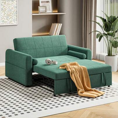 2 Seater Sofa Bed, 3 In 1 Convertible Corner Sofa Bed, Pull Out Double Sleeper Chair Bed With Pocket And Adjustable Backrest For Living Room, Micro Suede Fabric, Green