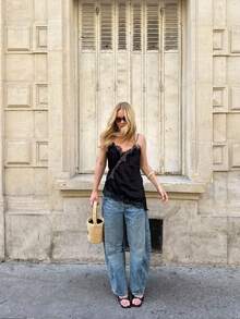 Satin & Lace Asymmetric Backless Camisole For Women Black Summer - Black - View 2