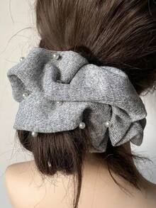 1个柔软灰色卷曲发圈，时尚大珍珠装饰发绳，优雅百搭发饰，适用于发髻、低马尾，是情人节、新年、节日装饰的理想礼物，发圈 - 彩色 - 查看 1