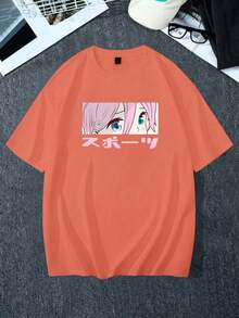 Y2K Anime Eye Print Oversized T-Shirt, Loose Fit, Premium Soft Fabric, Summer/Spring - 珊瑚粉 - 查看 4
