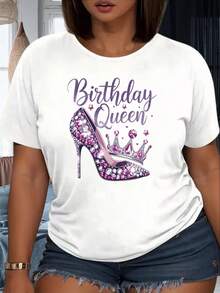 Blusas casuales para dama, camiseta con estampado de corona y tacón alto brillante 'Birthday Queen', camiseta gráfica de moda para mujer, camiseta para fiesta y celebración, 220g, playeras d - Negro - Ver 5