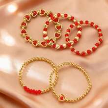 5pcs Vintage Multilayer Red Beaded Heart Charm Bracelet Set, Suitable For Women To Wear On Valentine's Day Dates, A Gift For Her - 彩色 - 查看 3