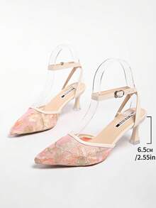 白色蝴蝶结网眼高跟穆勒鞋，尖头系带刺绣套脚凉鞋，女士款，细跟/粗跟 - 粉色 - 查看 7