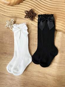 2 Pairs Kids Ribbed Bow Knee High Socks, Suitable For Everyday Use - Multicolor - View 7