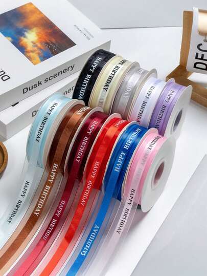 1pc Happy Birthday Theme Gift Wrapping Ribbon, 36 Yards Cake Box Gift Flower Wrapping Ribbon, Bouquet, Ribbon And Decorative Bow, Handmade Wedding Bouquet Material, Gift Wrapping Material, Cake Decorative Ribbon, Wedding Decoration, Party Decoration, Gift Decoration