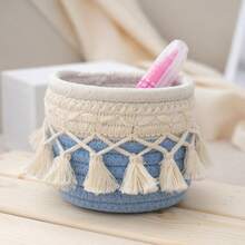 1个北欧风流苏收纳圆筒，手工编织整理篮，简约复古室内创意篮，桌面文具/化妆刷收纳架 - 彩色 - 查看 12