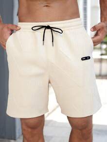 男士纯色抽绳腰休闲口袋提花短裤，宽松抽绳短裤，适合夏季户外街头穿着，男士沙滩短裤，适合作为送给丈夫或男友的礼物 - 杏色 - 查看 8