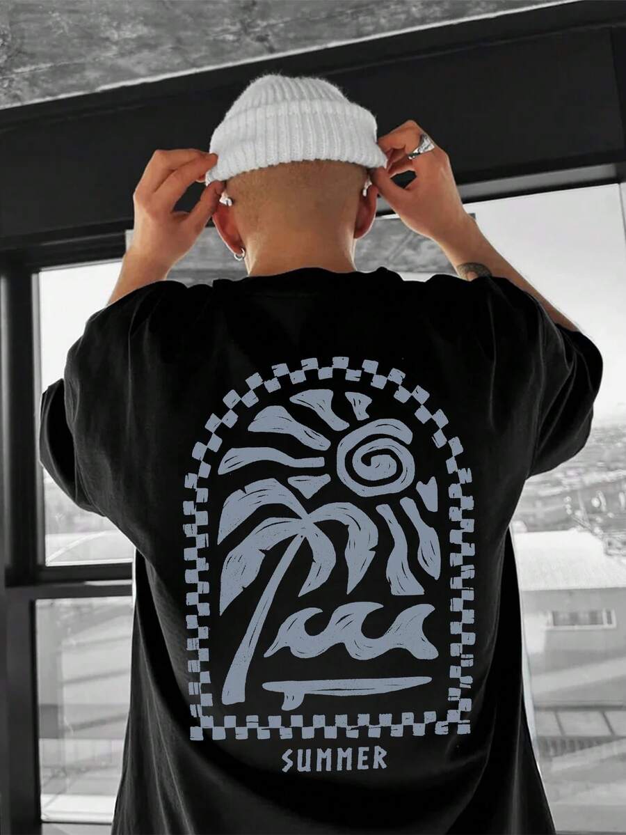 Zrgoth Men's Casual Street Vacation Minimalist Sketch Palm Tree Element Versatile Landscape Print Short Sleeve T-Shirt - Black - View 1