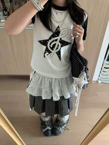 Y2K 可爱星星音符印花撞色插肩T恤，女款白色休闲夏季上衣 - 白色 - 查看 6