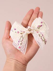 2个白色丝带蝴蝶结发夹，仿珍珠和水钻发夹，花朵印花发卡，适合女孩儿童日常佩戴，可作礼物 - 白色 - 查看 4