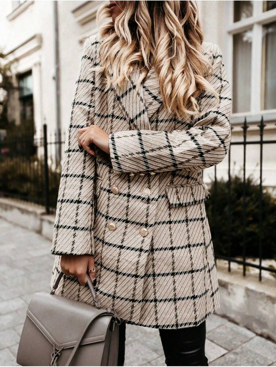 2026 Nueva Chaqueta Trench de Lana Mezclada para Mujer Otoño Invierno Chaqueta de Longitud Media con Botón de Solapa Impresa Outerwear de Moda Chaquetas de Lana para Mujer Jacketa de Trench Trendy - Caqui - Ver 1
