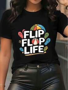 Women's Casual Short Sleeve T - Shirt Featuring "Flip Flop Life" Graphic With Beach Elements Like Flip Flops, Beach Ball & Umbrella, Summer Vacation Loose Fit Crew Neck Tee Top - Black - View 1