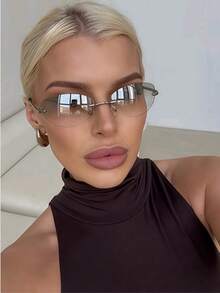 Óculos de Moda Retrô Americano do Milênio Baddie Oval Metálico Sem Armação Mercúrio Côncavo Y2K para Mulheres - Multicolorido - Visão 3