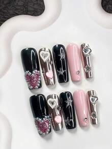 Bộ 10 móng tay nghệ thuật dễ thương và cá tính, móng giả acrylic, hình trái tim rỗng màu trắng, hình ngôi sao năm cánh bóng, hình trái tim 3D đáng yêu, phụ kiện móng tay đính đá tròn màu trắng, dụng cụ làm móng, móng giả thủ công. - Nhiều màu - Xem 11