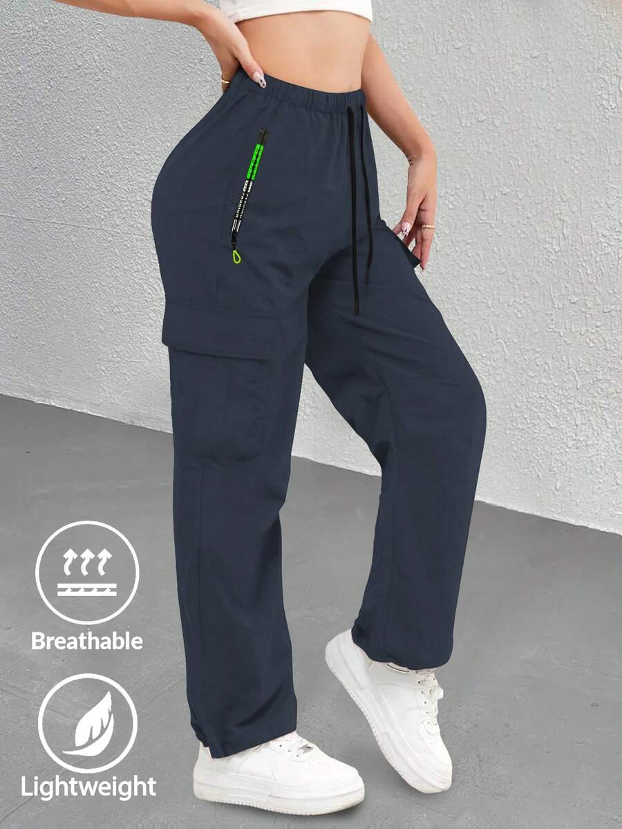 Celana Olahraga Wanita Model Lurus, Celana Jogger Kasual Ringan dan Bernapas dengan Kantong Resleting Kontras, Serbaguna untuk Berbagai Acara Olahraga Musim Semi