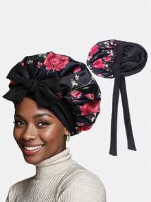 2pcs Women's Multicolor Printed Elastic Band Satin Bonnet For Daily Use Silk Bonnet Satin Bonnet - Multicolor - View 11