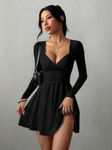 Sexy Fashion V-Neck Ruched Waist Ruffle Hem Long Sleeve Mini Dress, Spring/Summer New Arrival Black - Black - View 6