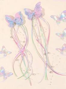 2pcs Shiny Butterfly Tassel Hair Clips, Ombre Butterfly Hair Clips, Cute Hair Accessories For Daily Wear & Weddings, Suitable For Teenagers - Multicolor - View 2