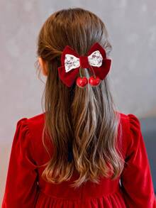 1pc Girls' Burgundy Velvet Lace Bow Cherry Decor Side Ponytail Cute & Elegant Bow Hair Clip - Burgundy - View 3