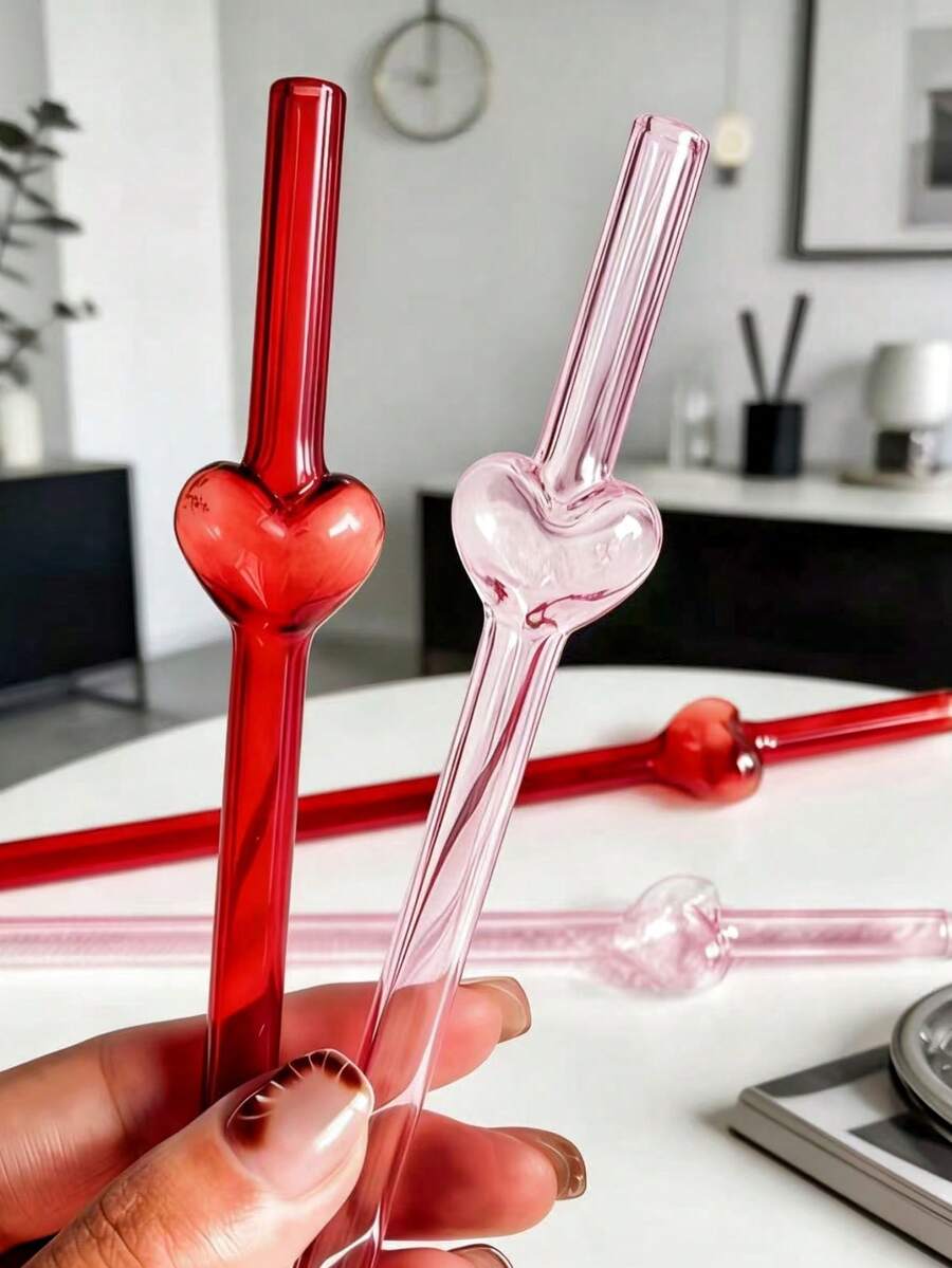 1/3/7支装红色和粉色心形可重复使用玻璃吸管,配有清洁刷,适用于珍珠奶茶、果汁、冰沙、鸡尾酒、派对、婚礼、音乐会、海滩、酒吧、妇女节、母亲节礼物 - 無色 - 查看 1