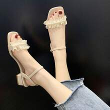 Sandalias de Punta Cuadrada Estilo Francés para Mujeres con Vestido Verano 2025 Nuevas Sandalias Romanas de Tacón Grueso con Correa de Perlas - Blanco - Ver 2