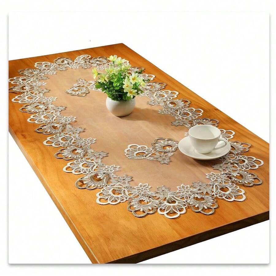 Small Lace Macrame Tablecloth Embroidered Jacquard Vintage Coffee Table Cover For Holiday Festival Party Home Decorations (15\X 35\, Grey) - 網紋灰2 - 查看 1