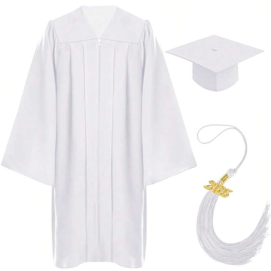 Graduation Cap And Gown Set With 2025 Charms Tassel Graduations Cap And Gown For School -8348 - Matte-white - View 1