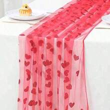 1件情人节网纱心形桌旗，红粉色心形网纱桌布，浪漫氛围装饰，适用于情人节、婚礼、生日，荷叶边设计，透明心形图案派对桌旗，活动派对装饰，餐桌装饰 - 彩色 - 查看 3