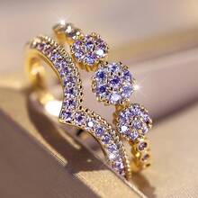 1pc ANGOL Purple Synthetic Zirconia V-Shaped Open Ring, Fashionable Versatile Ring Suitable For Party, Wedding, Daily Wear - Purple - View 3